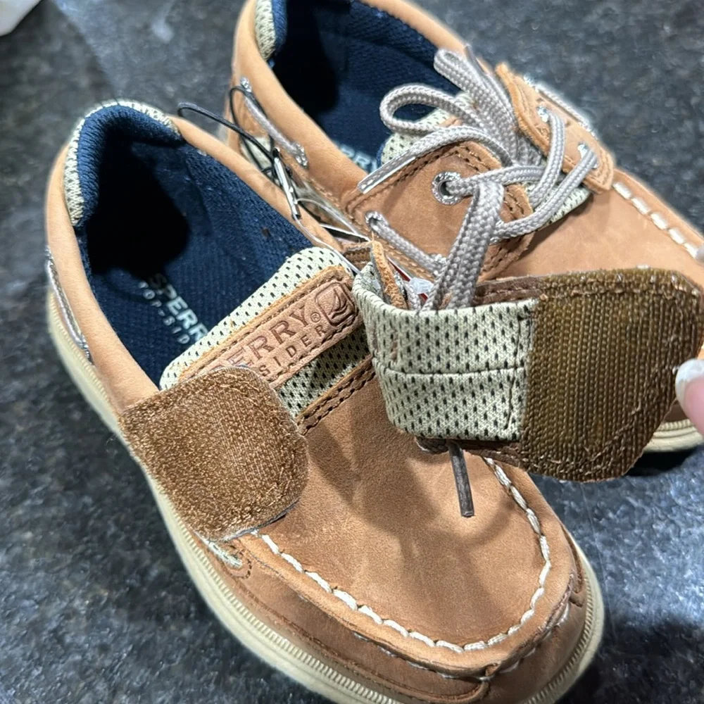 Sperry Lanyard Alternative Closure Boat Shoe, Dark Tan/Navy, Little Kid